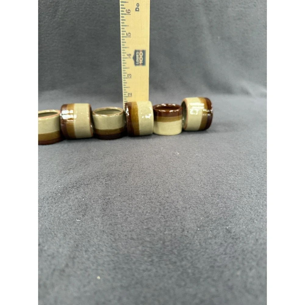 Stoneware Ceramic Striped Napkin Rings Set Of 6 Brown Rustic Table Decor